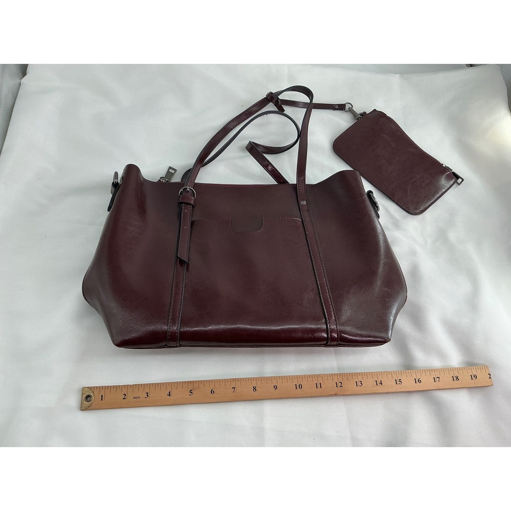 Burgundy Faux Leather Tote Bag with Matching Pouch Dark Red Shoulder Bag